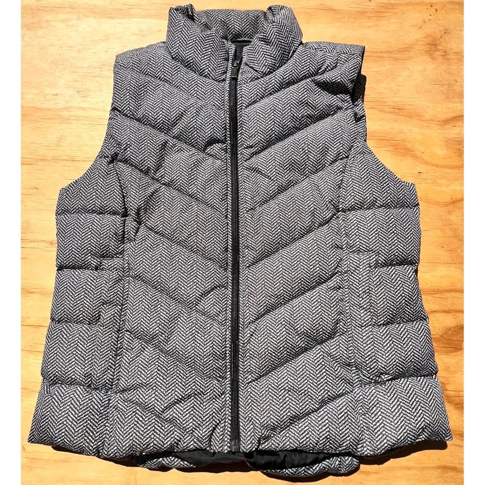Lands End Womens Down Puffer Vest Small Black White Herringbone Quilted Full Zip